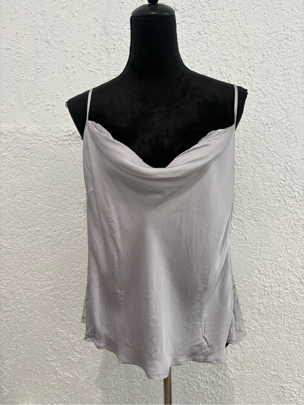 Anthropologie Silver-Gray Satin Lace Cowl Neck Camisole Size Large